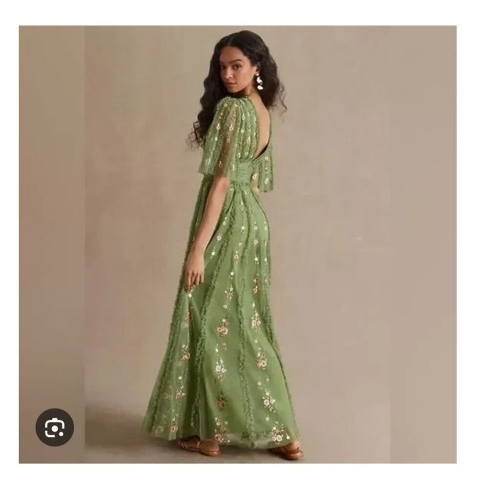 Mac Duggal 8028 Green Moss Floral Embroidered Tulle Gown Flutter Sleeve Dress 18 - Picture 11 of 14